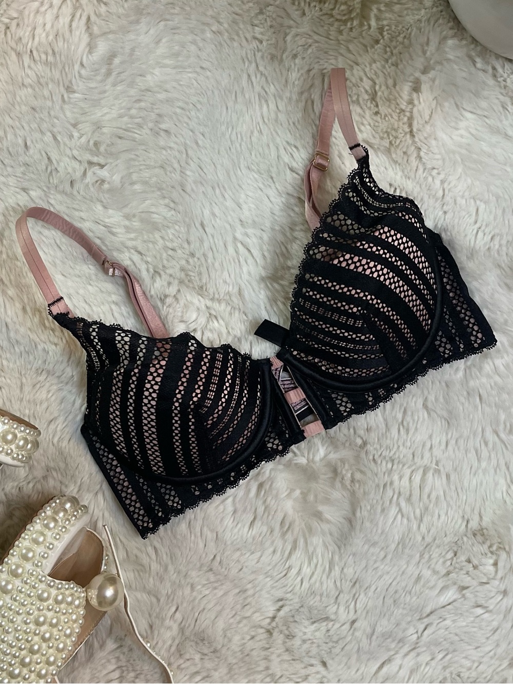 Victoria's Secret Very Sexy Black Pink Lace Double Push-Up Plunge Bra 34C